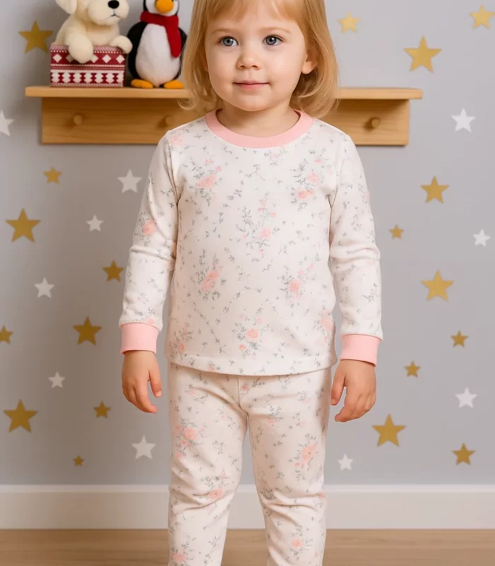 Çiçek Desenli Kız Bebek Pijama Eşofman Takımı Pembe