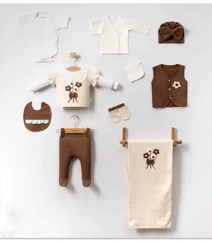 Çiçek ve Fiyonk Detaylı 10 Parça Bebek Hastane Çıkışı Ful Set
