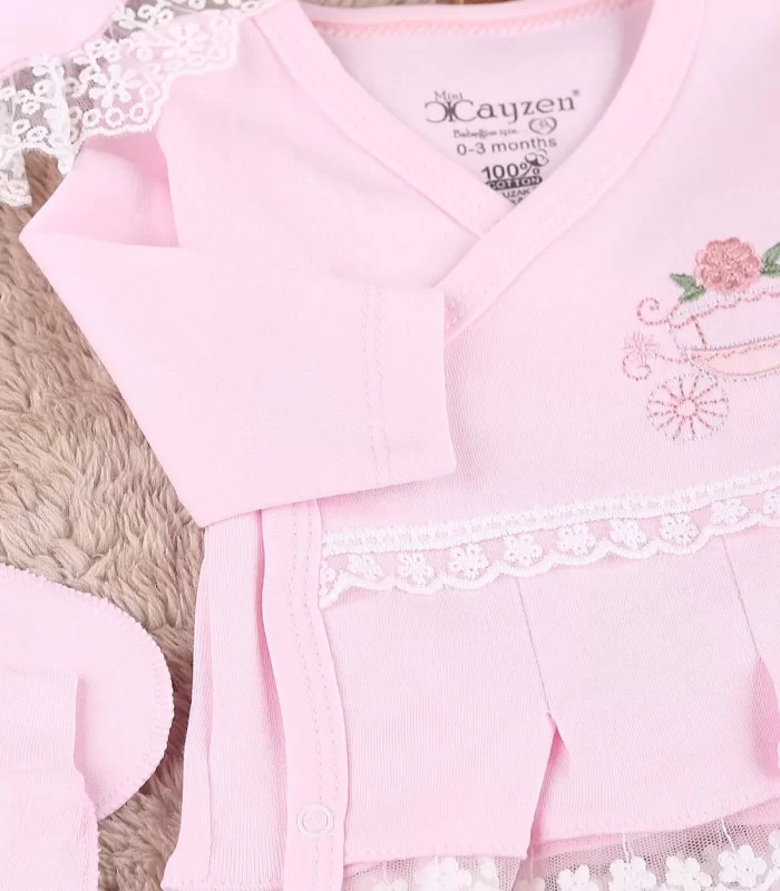 Çiçekli Araba Nakışlı Dantelli 5li Kız Bebek Hastane Çıkışı 0-3 Ay Pembe