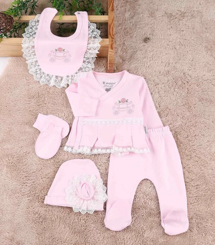 Çiçekli Araba Nakışlı Dantelli 5li Kız Bebek Hastane Çıkışı 0-3 Ay Pembe