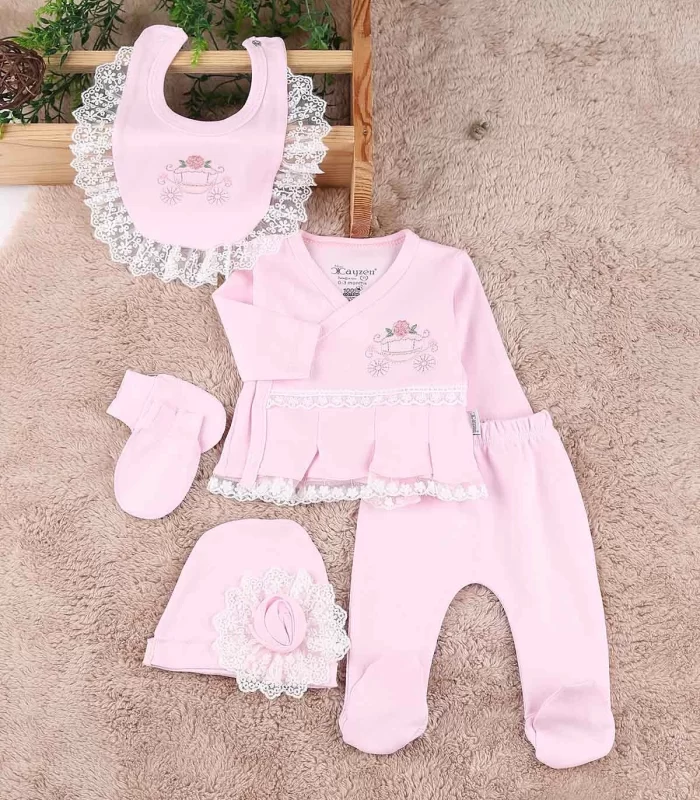 Çiçekli Araba Nakışlı Dantelli 5li Kız Bebek Hastane Çıkışı 0-3 Ay Pembe