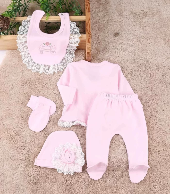 Çiçekli Araba Nakışlı Dantelli 5li Kız Bebek Hastane Çıkışı 0-3 Ay Pembe