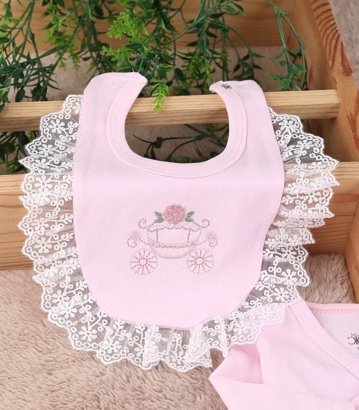 Çiçekli Araba Nakışlı Dantelli 5li Kız Bebek Hastane Çıkışı 0-3 Ay Pembe