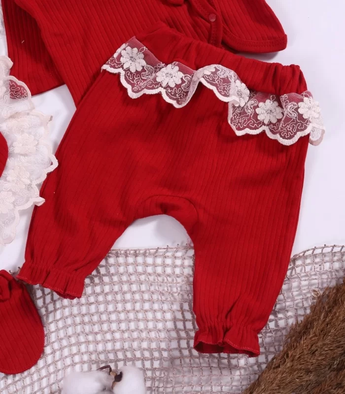 Dantel İşlemeli Fisto Detaylı Kız Bebek 5 Parça %100 Pamuk Hastane Çıkışı