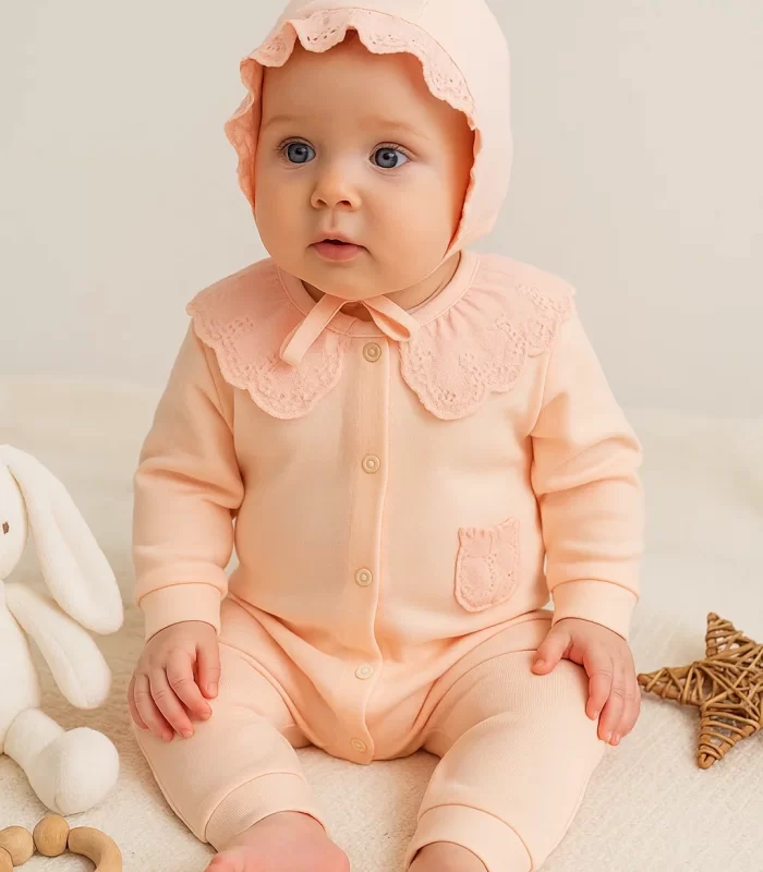 Dantel Yaka Fisto Detaylı Kız Bebek Tulum %100 Pamuk