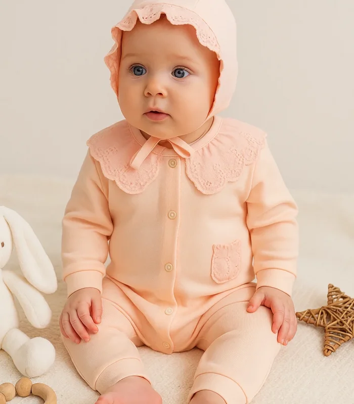 Dantel Yaka Fisto Detaylı Kız Bebek Tulum %100 Pamuk