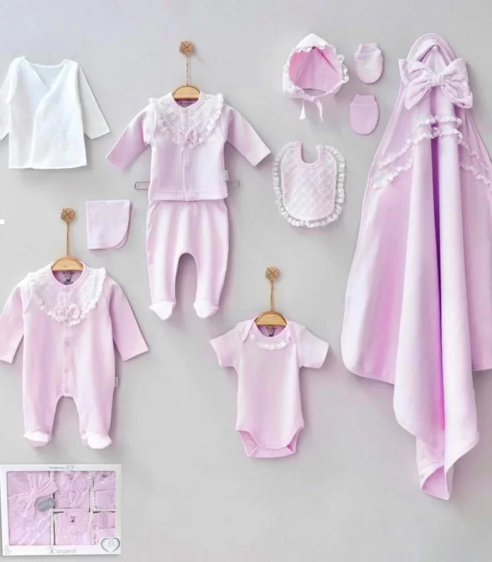 Dantelli Kız Bebek 10 Parça kız Bebek Hastane Çıkışı Kutulu Pembe