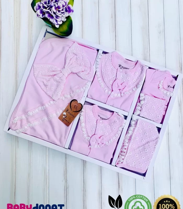 Dantelli Kız Bebek 10 Parça kız Bebek Hastane Çıkışı Kutulu Pembe