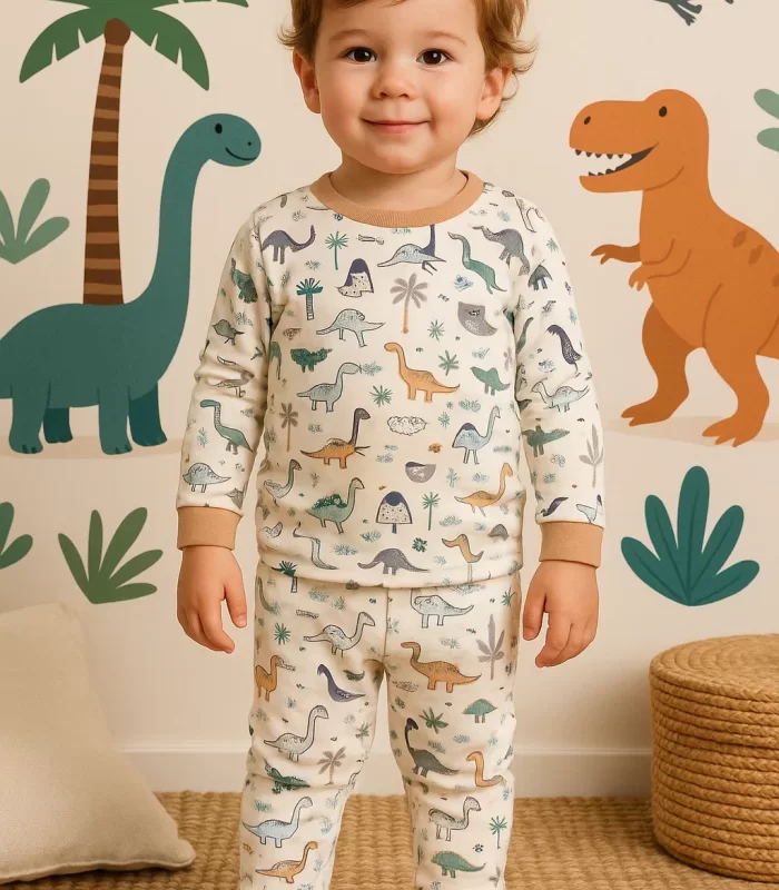 Dinazor Desen Erkek Bebek Eşofman Pijama Takımı Kahverengi
