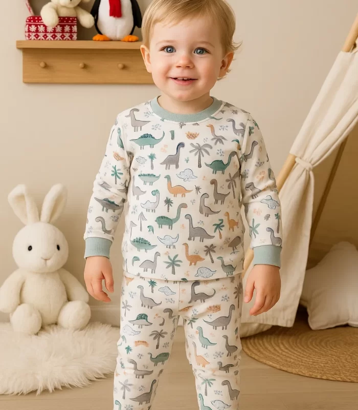 Dinazor Desen Erkek Bebek Eşofman Pijama Takımı Yeşil