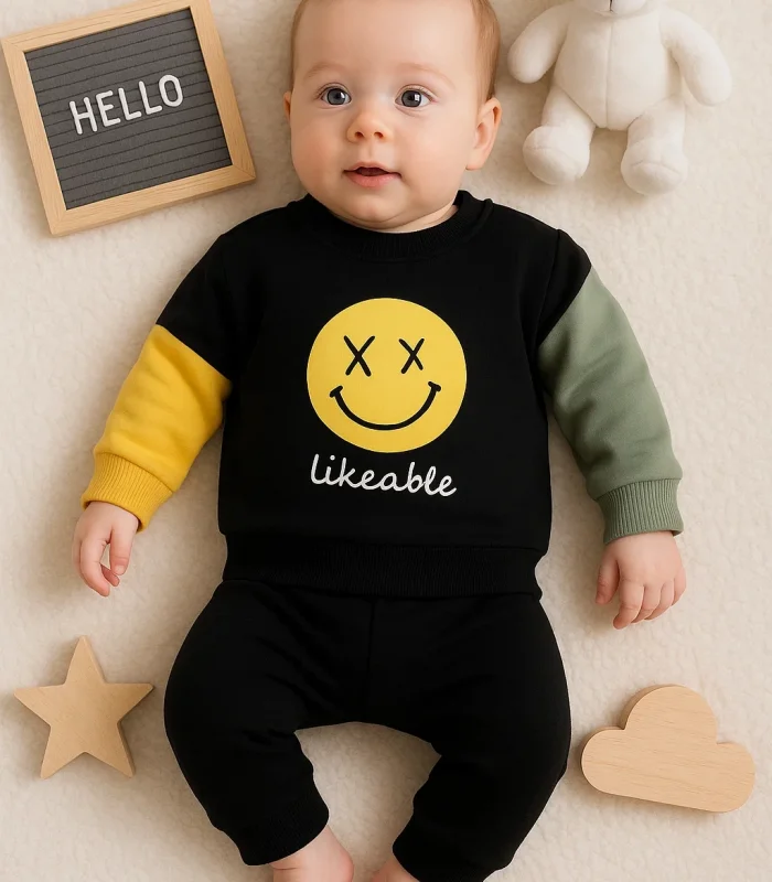 Erkek Bebek Emoji Baskılı Takım Siyah