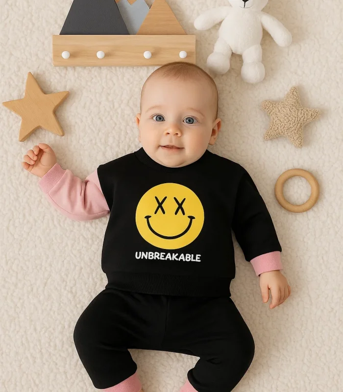 Erkek Bebek Emoji Baskılı Takım Siyah-Pembe