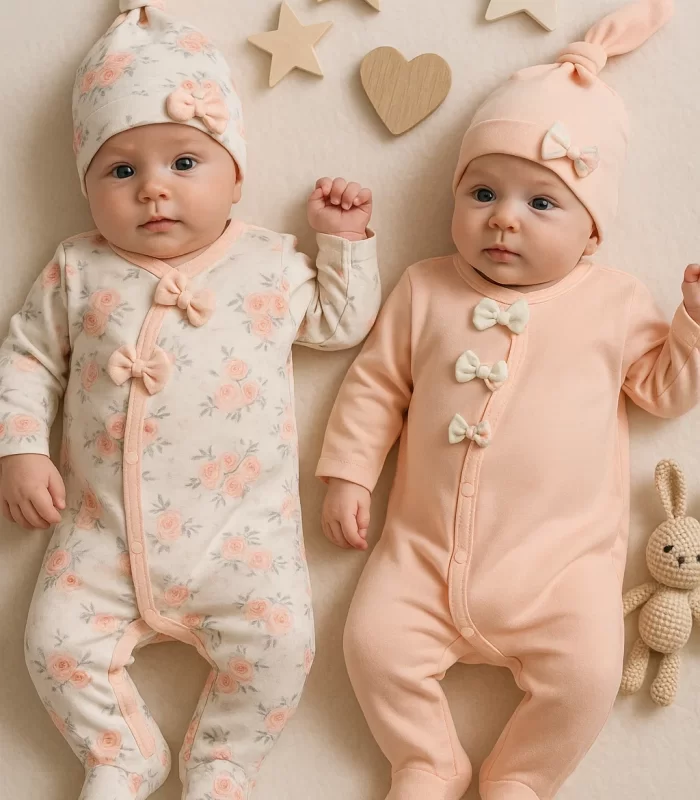 Fiyonklu Çiçek Desenli Kız Bebek 4lü Tulum Seti %100 Pamuk