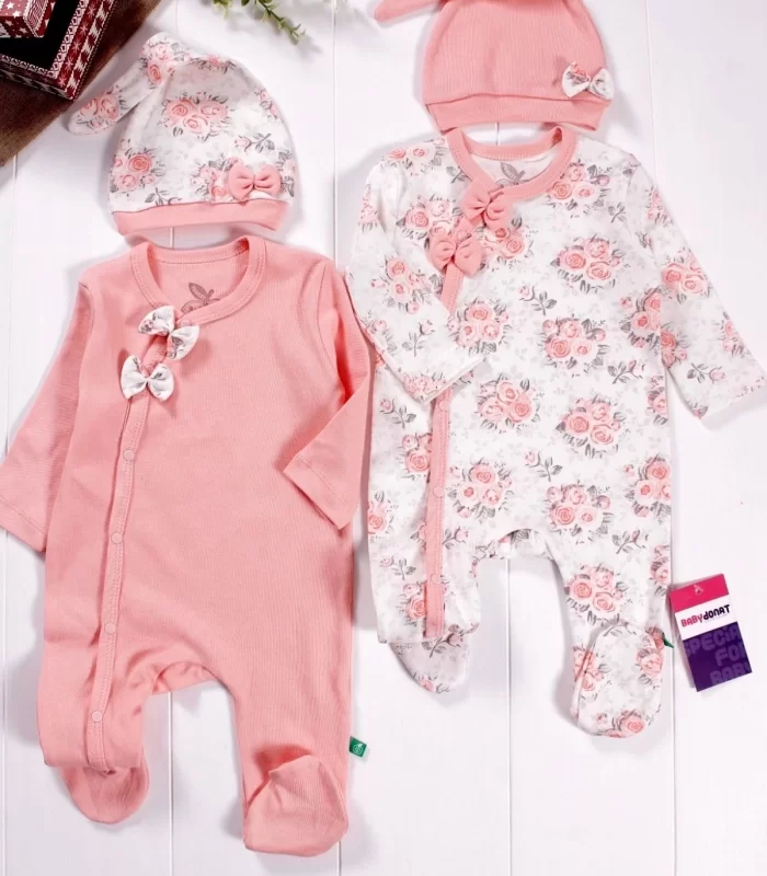 Fiyonklu Çiçek Desenli Kız Bebek 4lü Tulum Seti