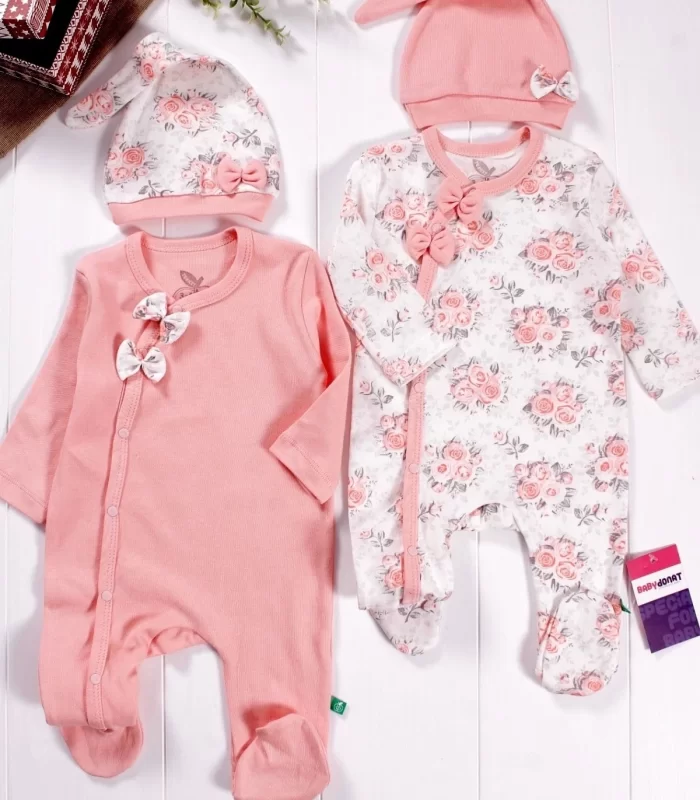 Fiyonklu Çiçek Desenli Kız Bebek 4lü Tulum Seti