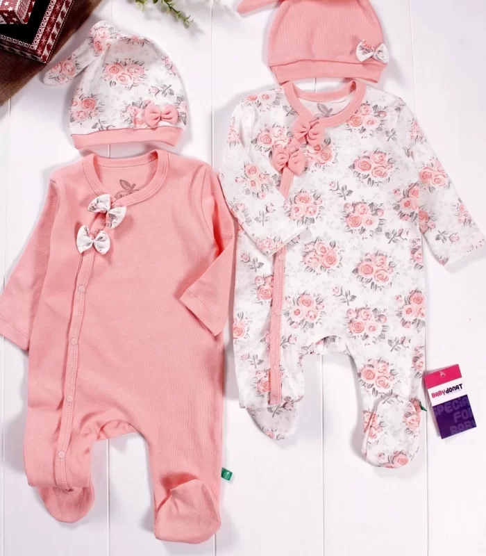 Fiyonklu Çiçek Desenli Kız Bebek 4lü Tulum Seti