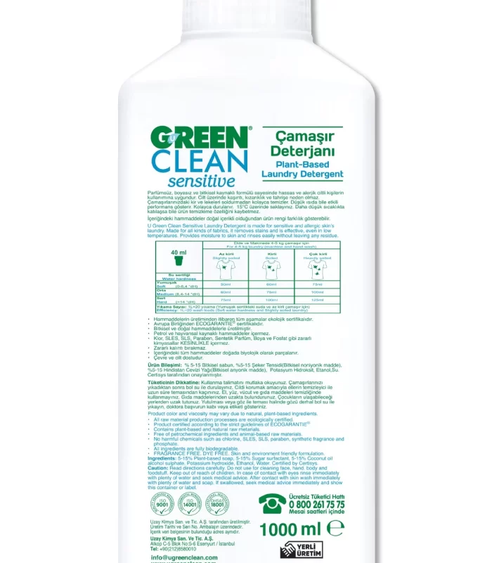Green Clean Sensitive Parfümsüz Bitkisel Çamaşır Deterjanı 1000 Ml