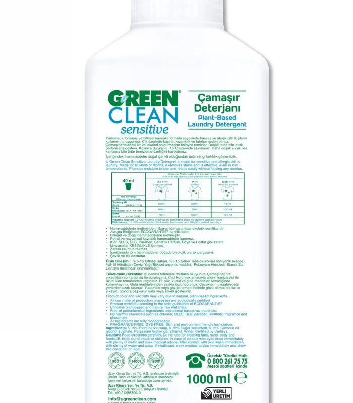 Green Clean Sensitive Parfümsüz Bitkisel Çamaşır Deterjanı 1000 Ml