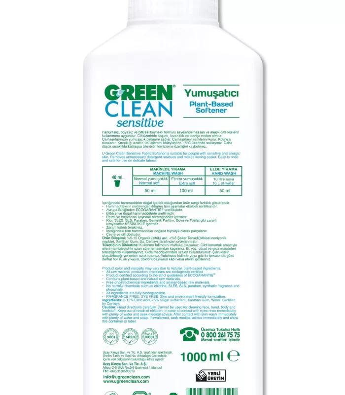 Green Clean Sensitive Parfümsüz Bitkisel Yumuşatıcı 1000ml