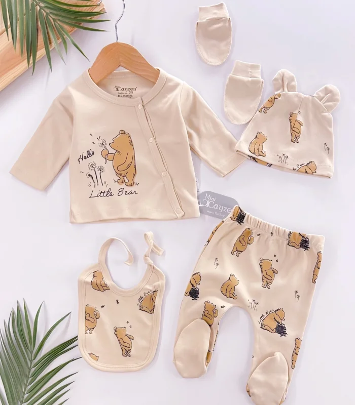 Hello Little Bear Baskılı 5 Parça %100 Pamuk Erkek Bebek Hastane Çıkışı