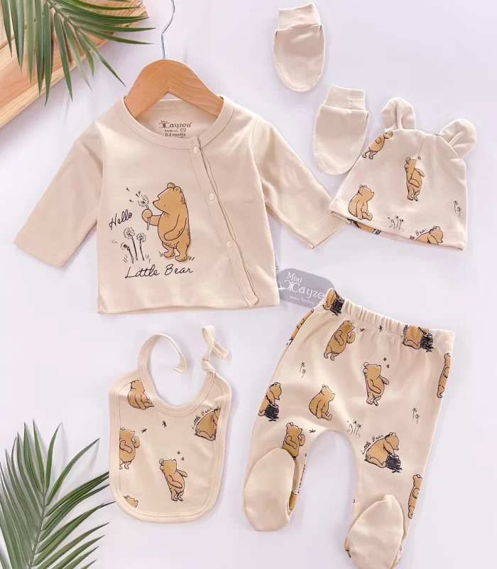 Hello Little Bear Yandan Çıtçıtlı Yenidoğan %100 Pamuk 5li Set