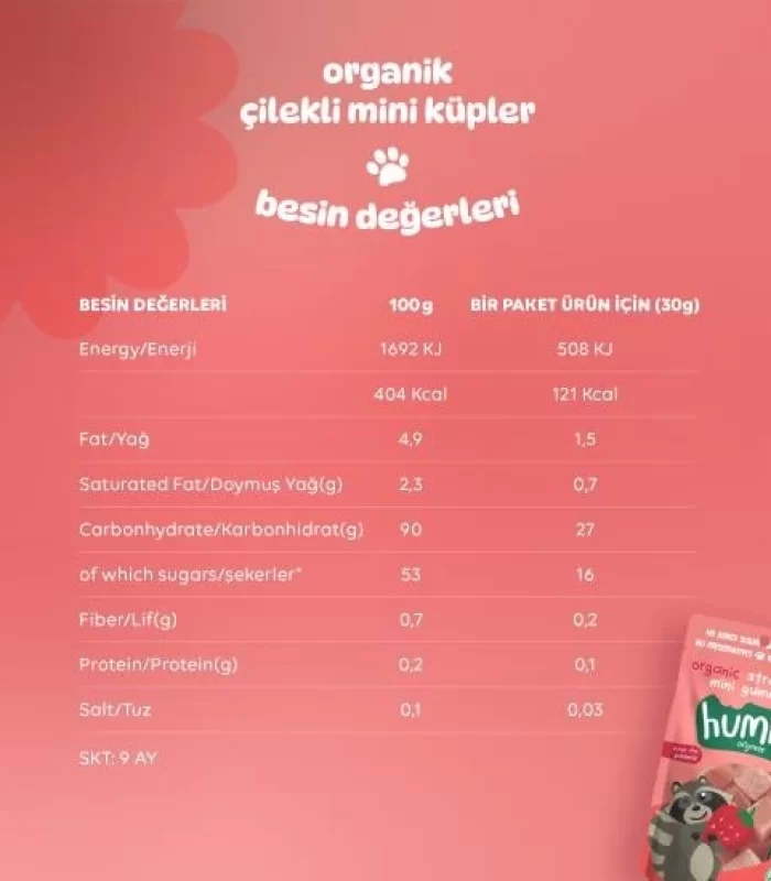 Humm Organik Çilekli Glutensiz Vegan Mini Küpler 30 Gr