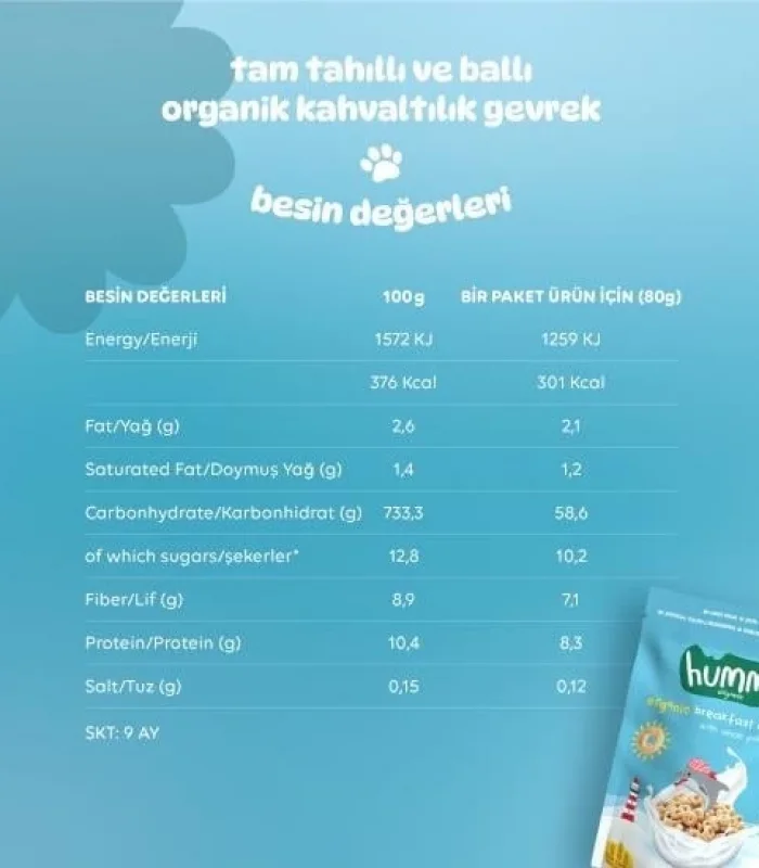 Humm Organik Tam Tahıllı ve Ballı Kahvaltılık Gevrek 80 Gr