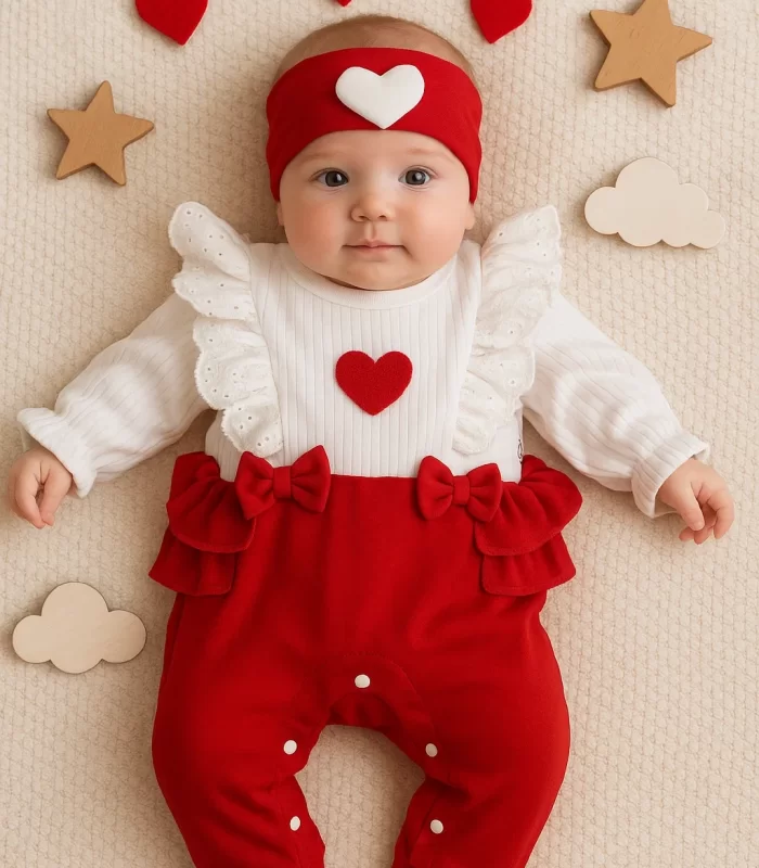 Kalp Desenli Fırfır Detaylı % 100 Pamuk Kız Bebek Tulumu