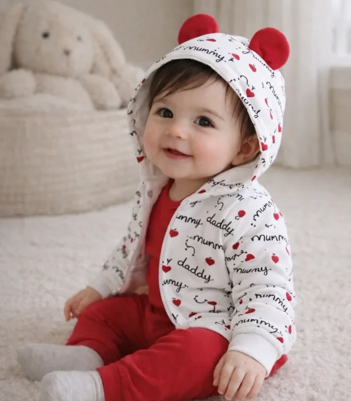 Kalp Desenli Kulaklı 3 Lü Kız Bebek Takımı