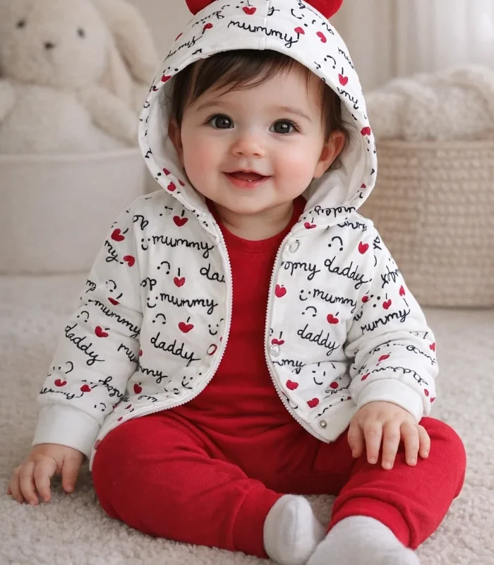 Kalp Desenli Kulaklı 3 Lü Kız Bebek Takımı