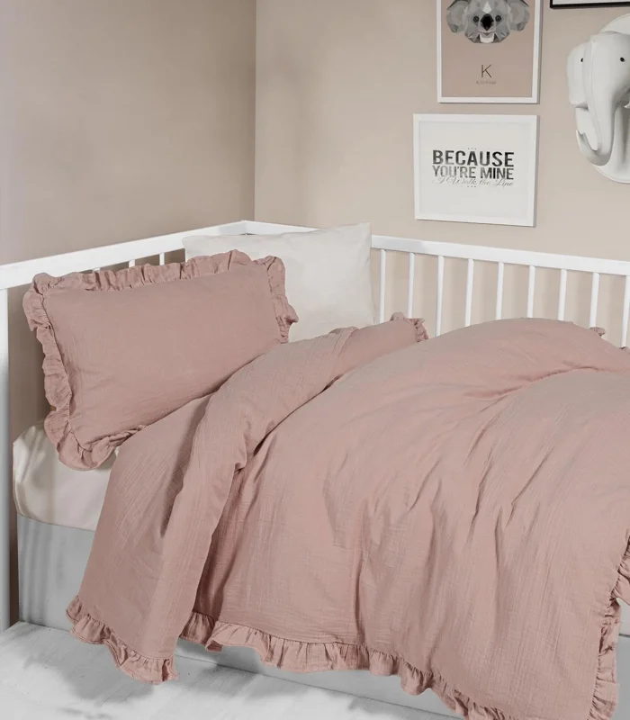 Kanz 2 Kat Fırfırlı Bebek Müslin Nevresim Knz-023 Pudra