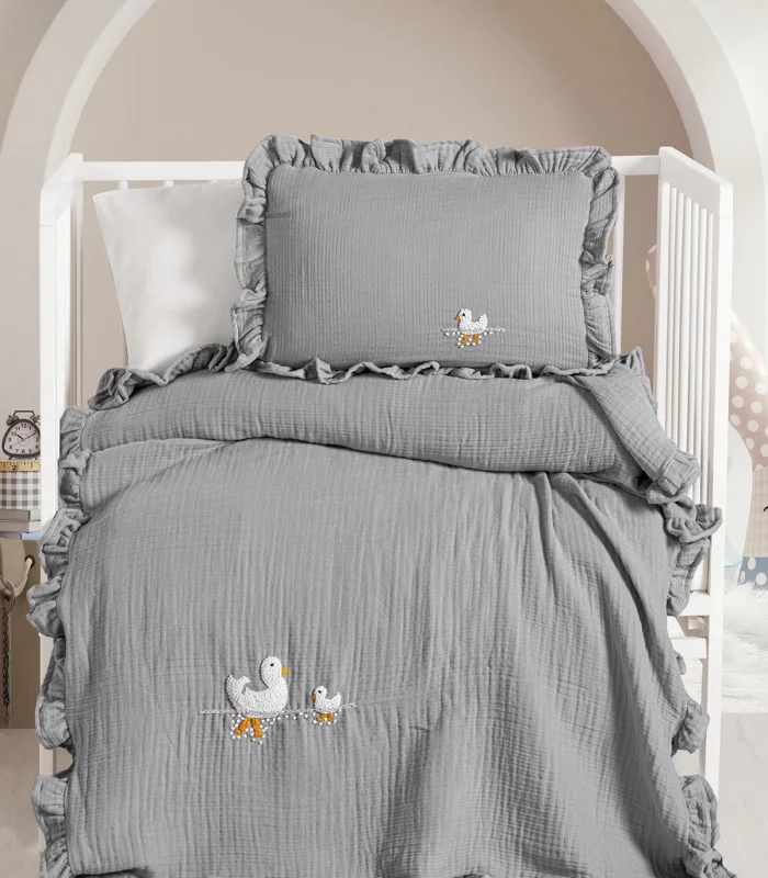 Kanz 4 Kat Hand Made Fırfırlı Müslin Örtü Seti Knz-020 Gri