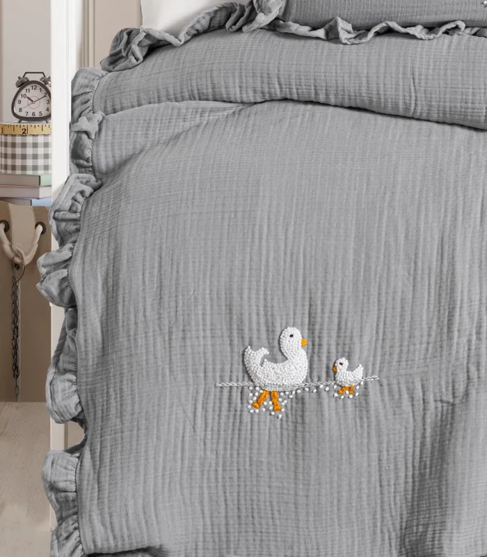 Kanz 4 Kat Hand Made Fırfırlı Müslin Örtü Seti Knz-020 Gri