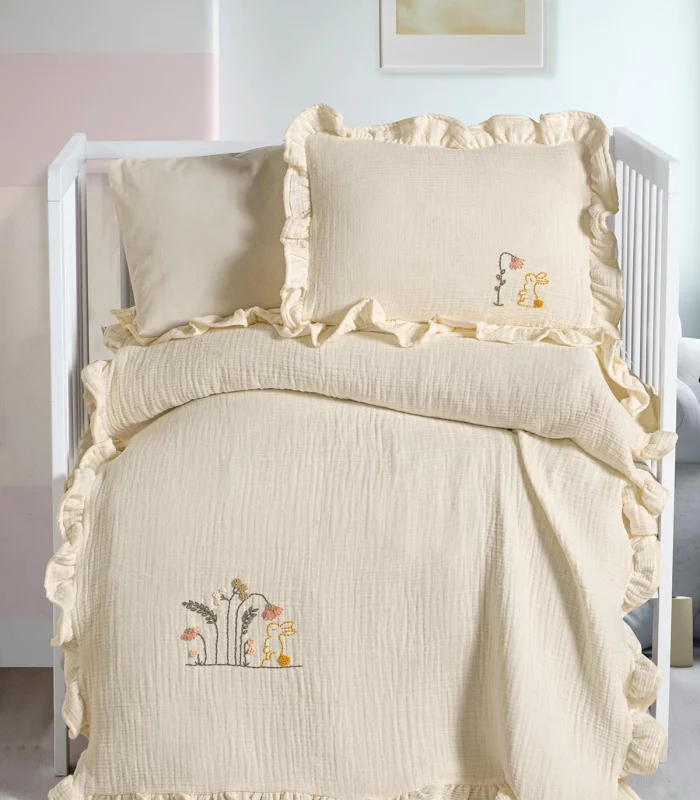 Kanz 4 Kat Hand Made Fırfırlı Müslin Örtü Seti Knz-020 Krem