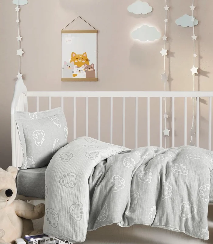 Kanz Jakarlı Müslin Bebek Nevresim Takımı Knz-013 Bear Gri
