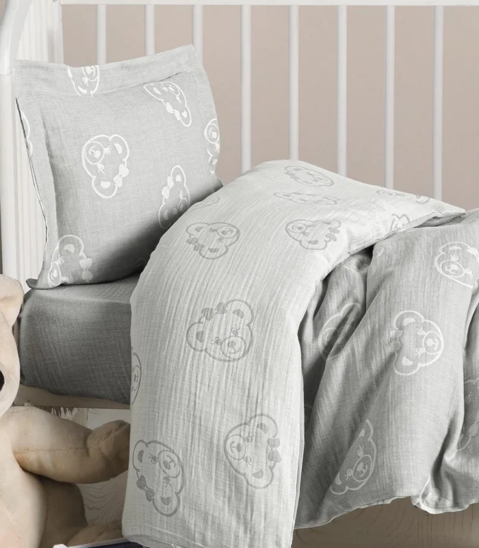 Kanz Jakarlı Müslin Bebek Nevresim Takımı Knz-013 Bear Gri