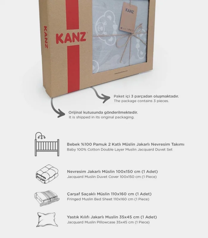 Kanz Jakarlı Müslin Bebek Nevresim Takımı Knz-013 Bear Gri