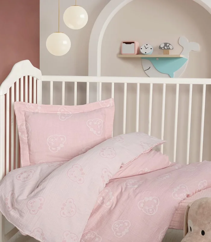 Kanz Jakarlı Müslin Bebek Nevresim Takımı Knz-013 Bear Pembe