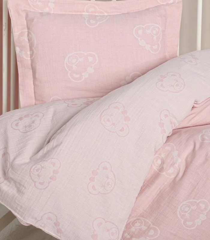 Kanz Jakarlı Müslin Bebek Nevresim Takımı Knz-013 Bear Pembe