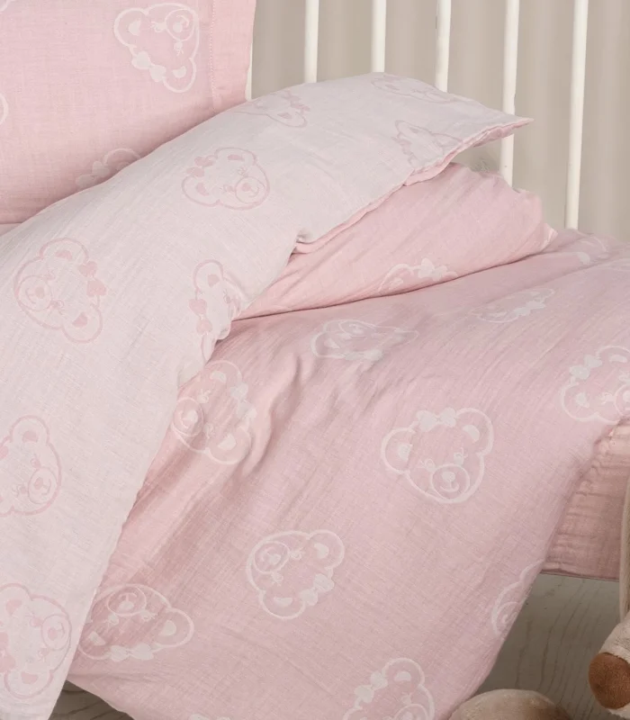 Kanz Jakarlı Müslin Bebek Nevresim Takımı Knz-013 Bear Pembe