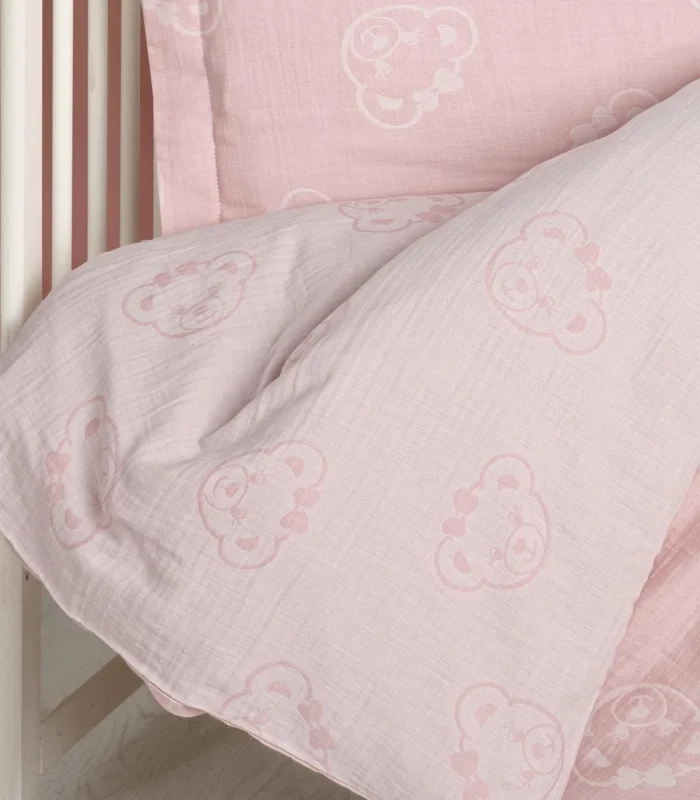 Kanz Jakarlı Müslin Bebek Nevresim Takımı Knz-013 Bear Pembe