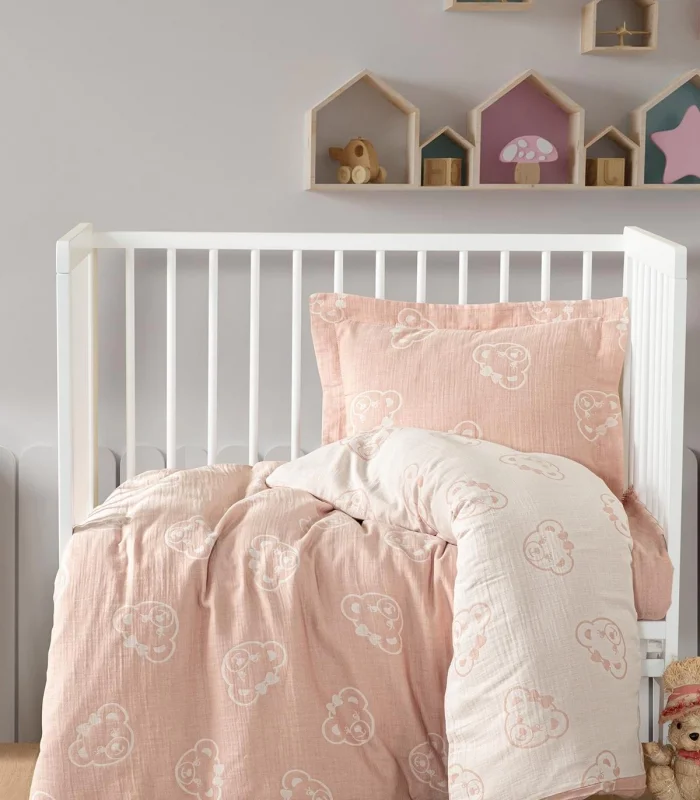 Kanz Jakarlı Müslin Bebek Nevresim Takımı Knz-013 Bear Pudra