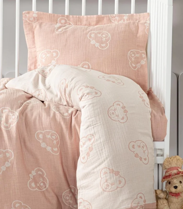 Kanz Jakarlı Müslin Bebek Nevresim Takımı Knz-013 Bear Pudra