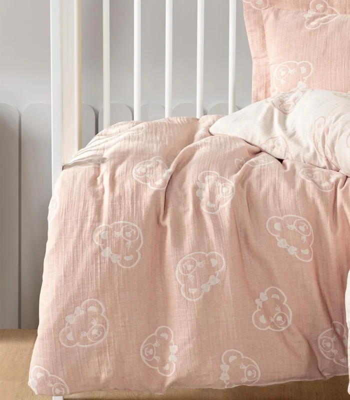 Kanz Jakarlı Müslin Bebek Nevresim Takımı Knz-013 Bear Pudra