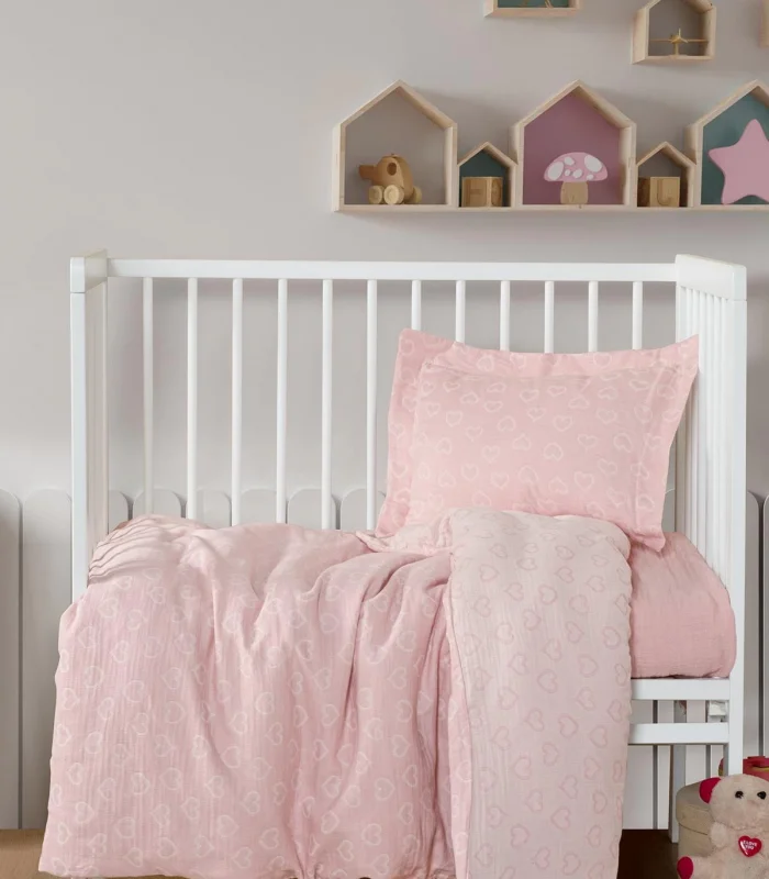 Kanz Jakarlı Müslin Bebek Nevresim Takımı Knz-013 Heart Pembe