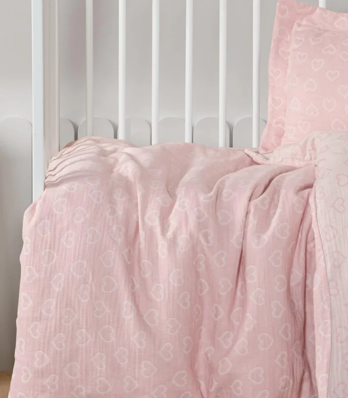 Kanz Jakarlı Müslin Bebek Nevresim Takımı Knz-013 Heart Pembe