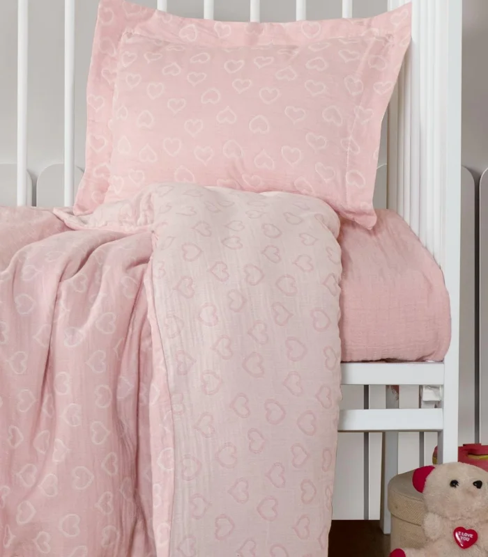 Kanz Jakarlı Müslin Bebek Nevresim Takımı Knz-013 Heart Pembe