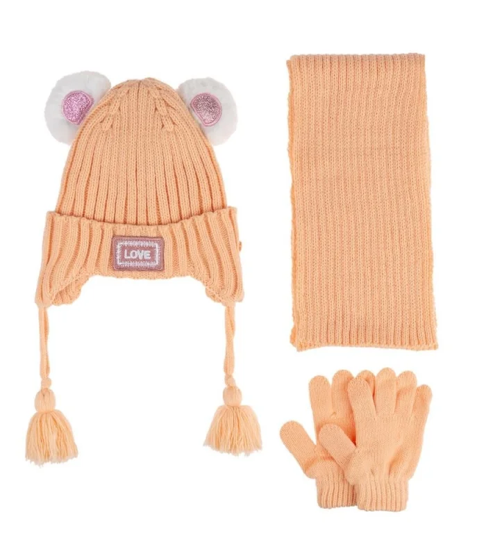 Kitti Bebe Kız Atkı Bere Eldiven Takım (1-4 Yaş) K24160-01 Şeftali