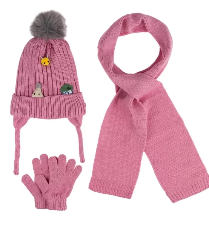 Kitti Bebe Kız Atkı Bere Eldiven Takım (1-4 Yaş) K24160-03 Pembe