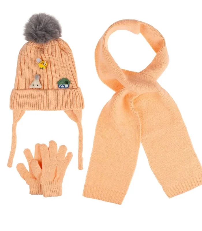 Kitti Bebe Kız Atkı Bere Eldiven Takım (1-4 Yaş) K24160-03 Şeftali